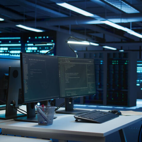 Tech worker monitors code in dimly lit server room with glowing racks