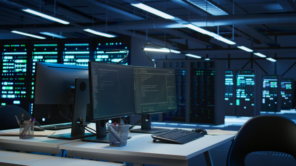 Tech worker monitors code in dimly lit server room with glowing racks