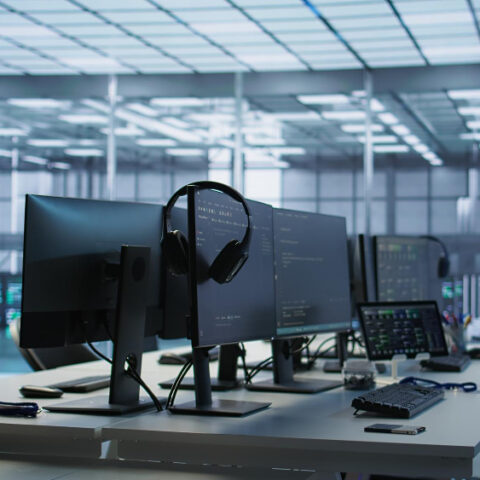 Modern tech workspace with multiple monitors, headphones, and sleek desks