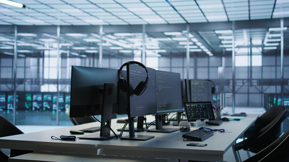 Modern tech workspace with multiple monitors, headphones, and sleek desks