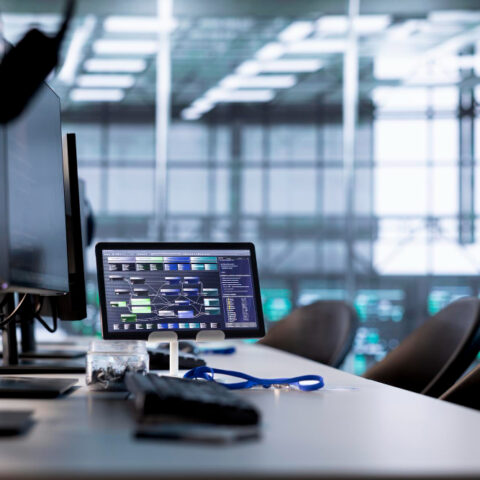 Modern office desk with monitors, keyboard, and chairs in a bright, open space