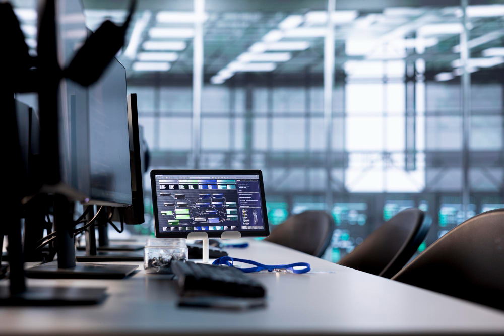 Modern office desk with monitors, keyboard, and chairs in a bright, open space