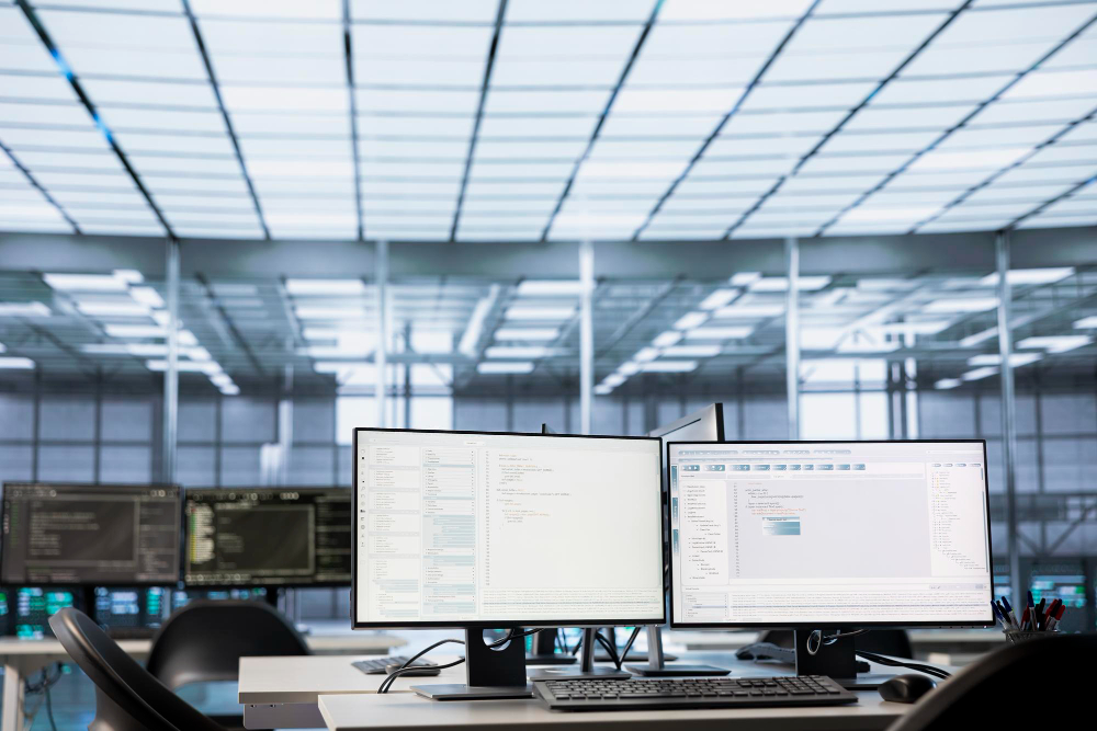 Modern office desk with dual monitors displaying data and code
