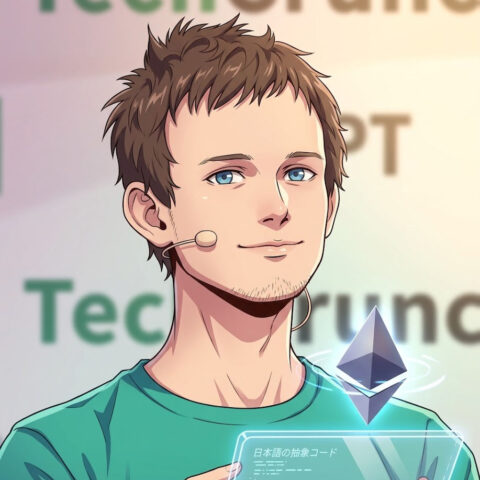 Young man with headset holds futuristic device displaying Japanese text