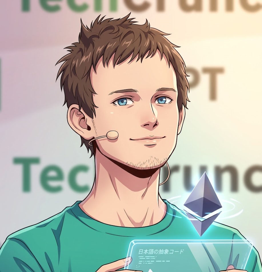 Young man with headset holds futuristic device displaying Japanese text