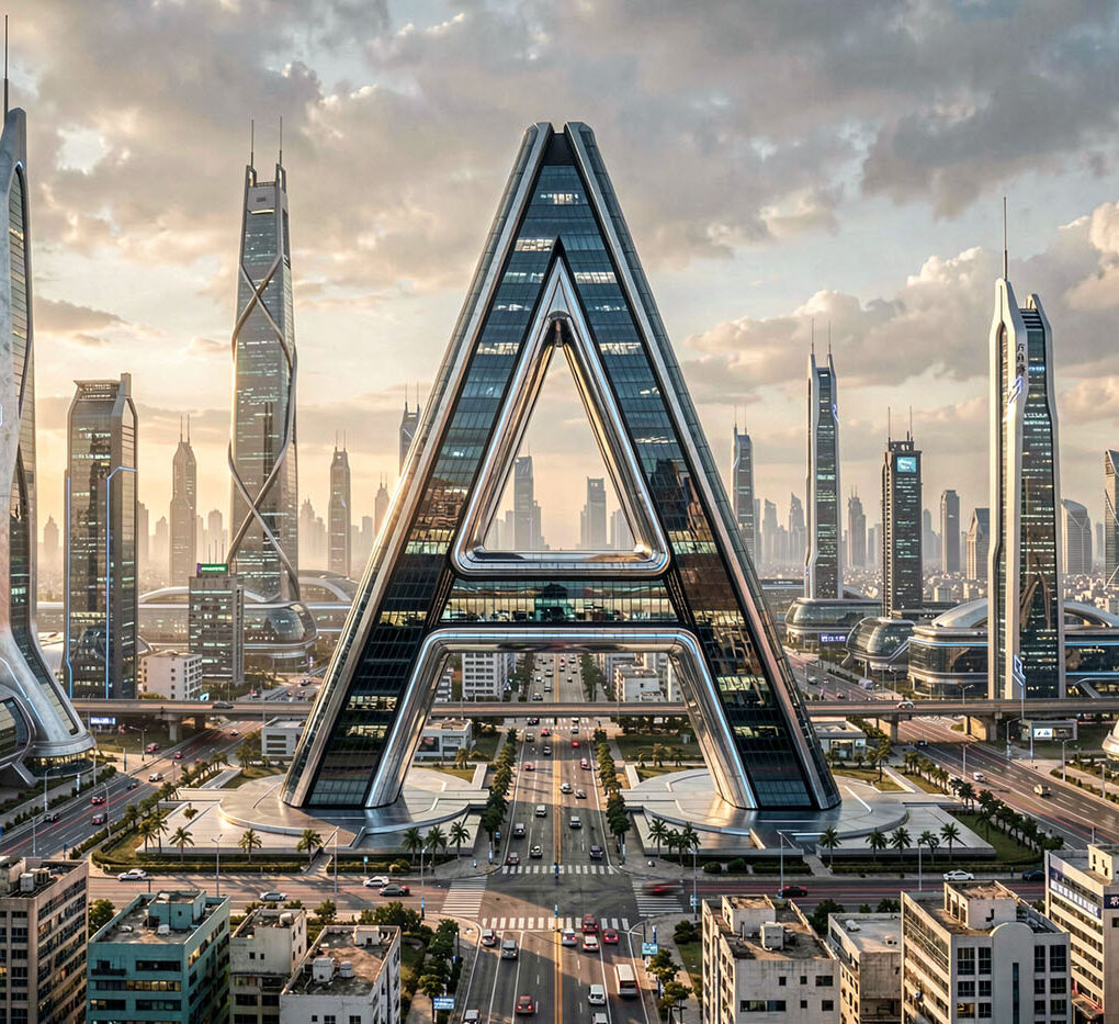 Futuristic cityscape with towering skyscrapers and a giant triangular structure