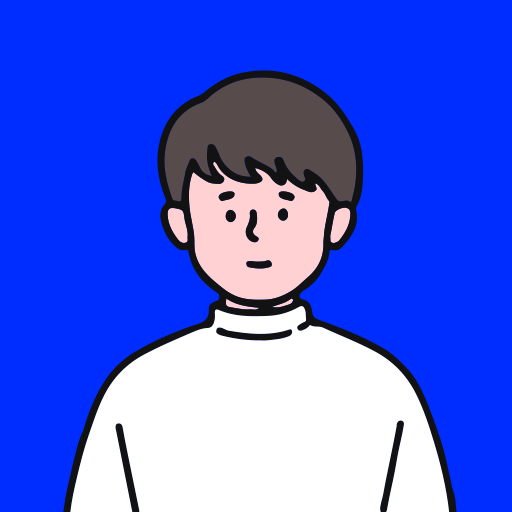 Stylized cartoon character with brown hair and pink face on blue background