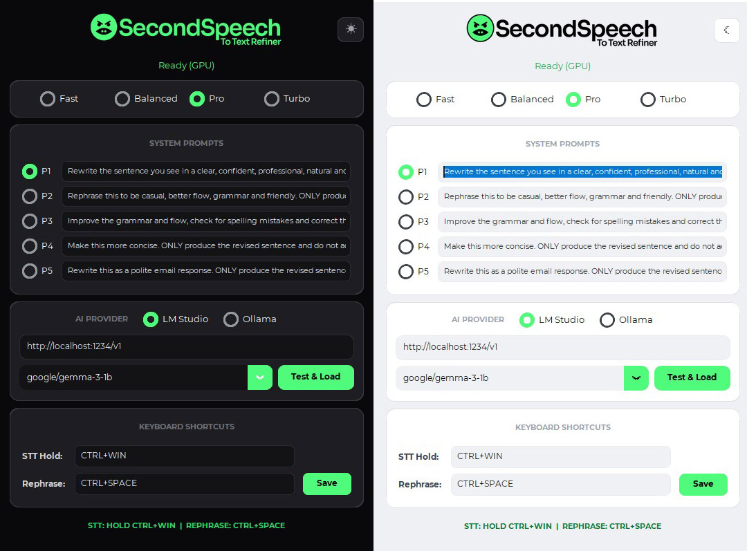 SecondSpeech app interface showing text-to-speech settings and prompts