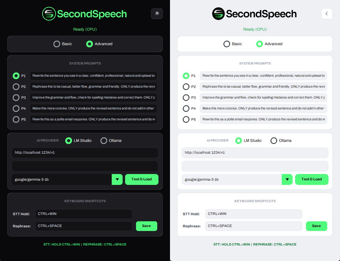 SecondSpeech app in dark mode and light mode showing the system prompts, AI provider and keyboard shortcut settings