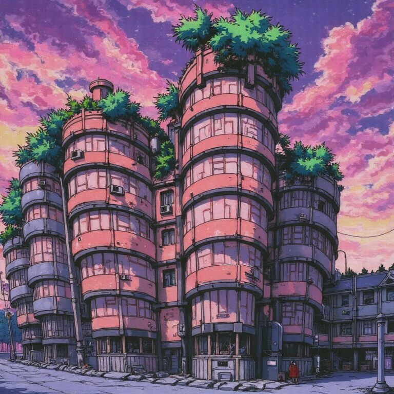 Curved, multi-story building with greenery atop, set against vibrant pink sky