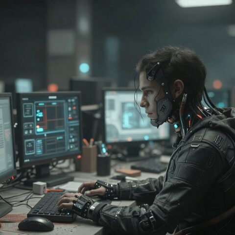 Cyborg hacker works at glowing monitors in dark, high-tech lab