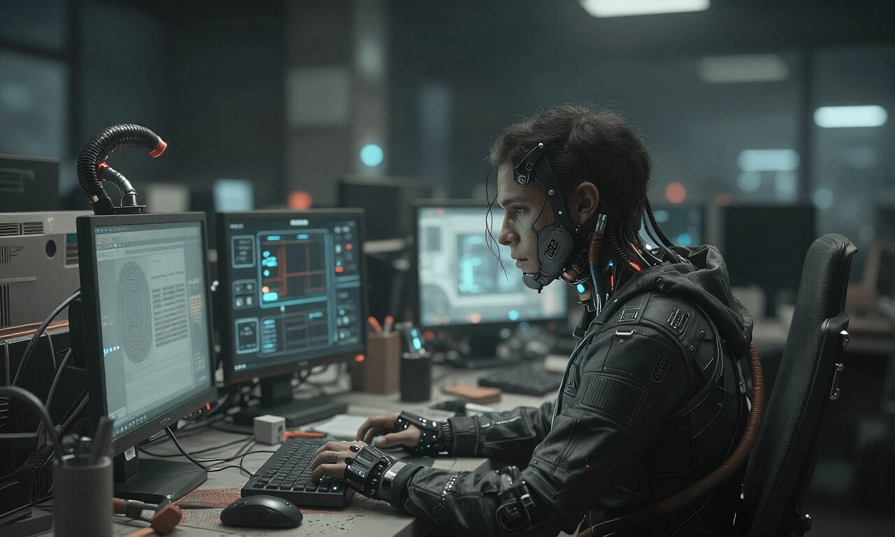 Cyborg hacker works at glowing monitors in dark, high-tech lab