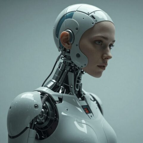 Humanoid robot with metallic head and exposed mechanical neck