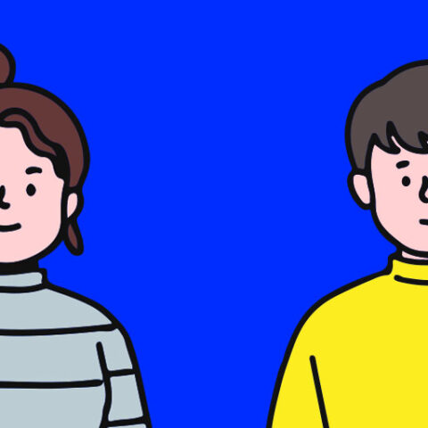 Two cartoon characters, a woman and a man, stand side by side against a blue background