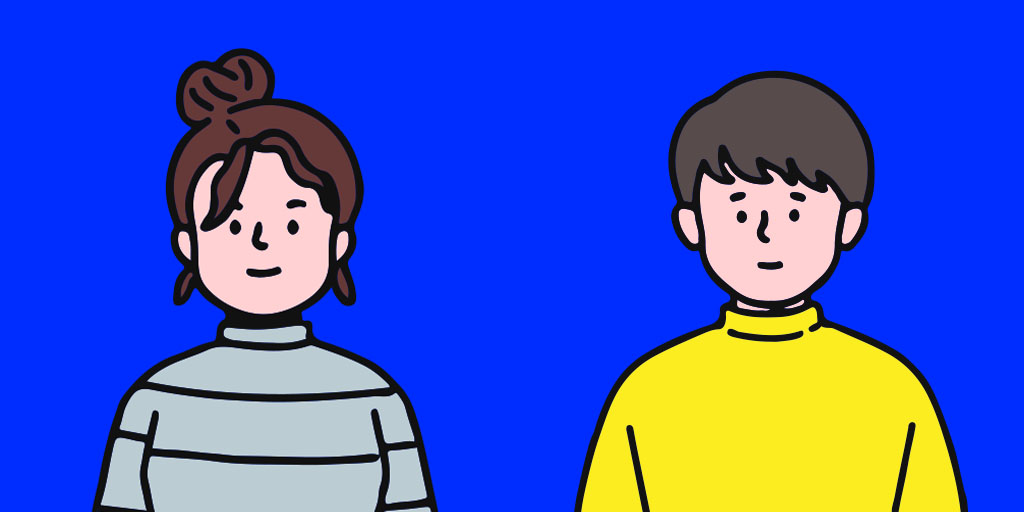 Two cartoon characters, a woman and a man, stand side by side against a blue background