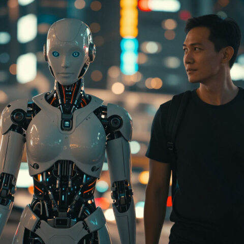 Man and humanoid robot stand together in vibrant city night