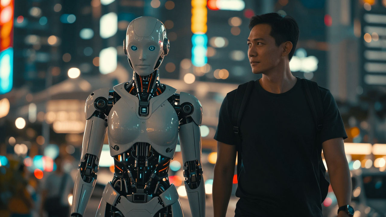 Man and humanoid robot stand together in vibrant city night