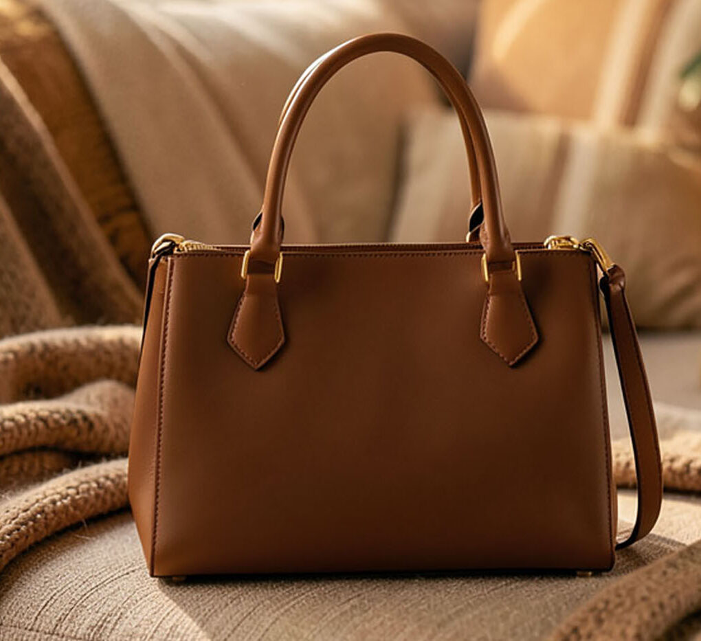 Brown leather handbag rests on cozy knitted blanket