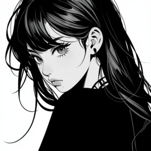 Black-and-white anime girl with long hair and intense gaze