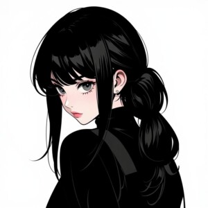 Black-haired anime girl with green eyes, ponytail, and subtle ear piercing