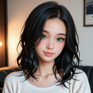 Young woman with dark wavy hair and striking green eyes, softly smiling