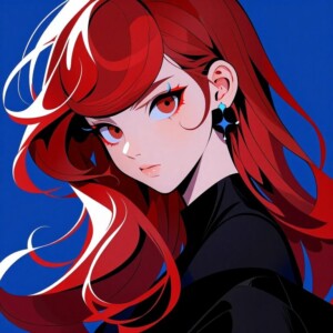 Red-haired anime girl with striking eyes and bold, flowing hair against a deep blue background