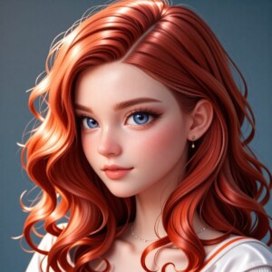 Young woman with vibrant red curls and striking blue eyes