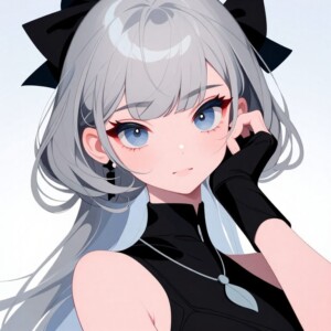Silver-haired anime girl with blue eyes, black bow, and leaf pendant
