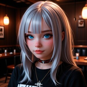 Silver-haired girl with blue eyes, wearing black top and choker in warmly lit café