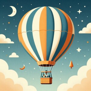 Colorful hot air balloon floats through starry night sky with crescent moons