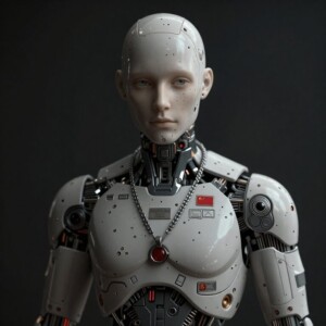 Humanoid robot with Chinese flag pendant and mechanical details