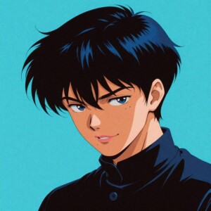 Young anime boy with dark hair and blue eyes, wearing dark jacket