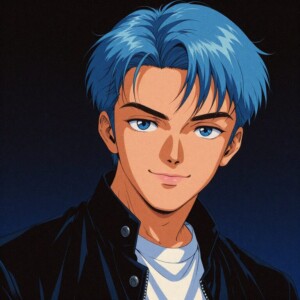 Blue-haired anime boy with intense gaze, wearing dark jacket over white shirt