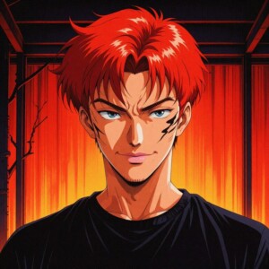 Red-haired anime character with intense gaze and black shirt against fiery backdrop