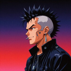 Spiky-haired punk with cigarette, earring, and leather jacket against gradient sky