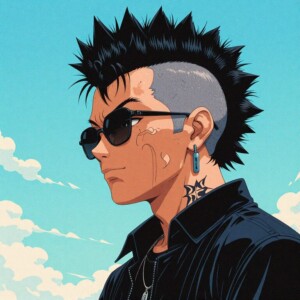 Mohawked youth with sunglasses, tattoos, and a confident side profile against a sky