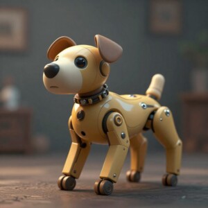 Golden robotic dog with wheels stands on wooden floor