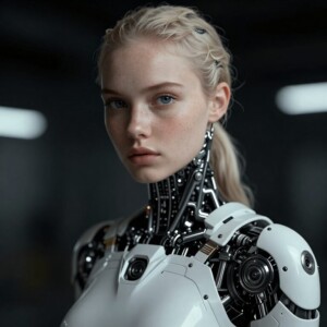 Blonde humanoid robot with human-like face and mechanical neck and shoulders