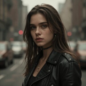 Young woman in black leather jacket stands on city street, looking directly at camera