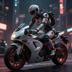 Cyborg rider on futuristic motorcycle in neon-lit urban night scene