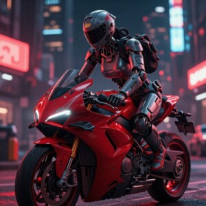 Cyborg rider on red motorcycle in neon-lit futuristic city street