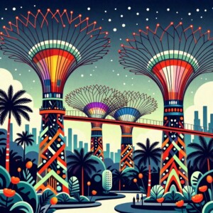 Colorful, futuristic tree-like structures under starry night sky with palm trees