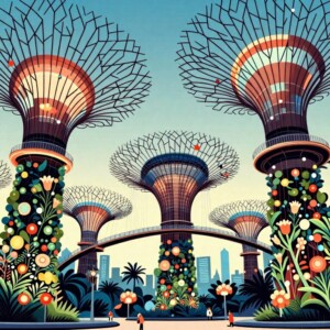 Futuristic tree-like structures adorned with vibrant flowers and colorful lights