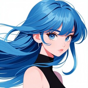 Blue-haired anime girl with large eyes and flowing hair, wearing black top