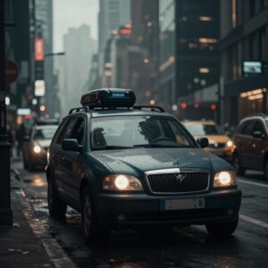 Rainy city street with taxi, headlights on, wet pavement, urban backdrop