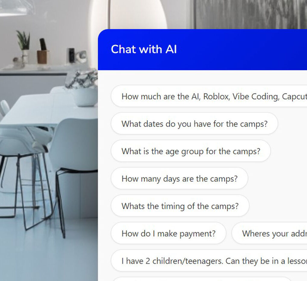 AI chat interface with camp-related questions displayed over modern kitchen background