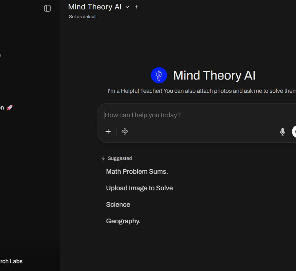 Mind Theory AI interface with chat input and suggested topics