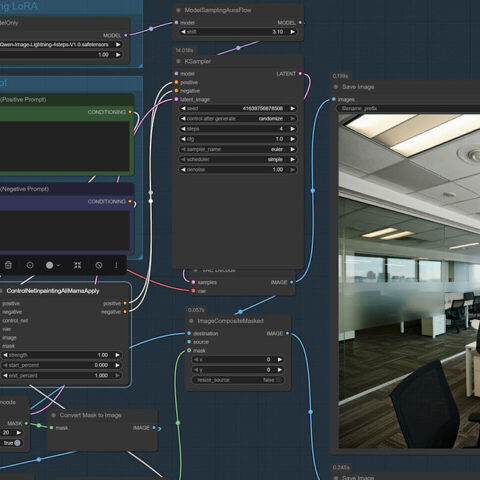 Digital workflow interface with image editing nodes and preview window