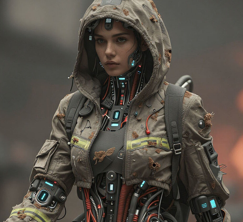 Cybernetic warrior in rugged, battle-worn gear with glowing tech accents