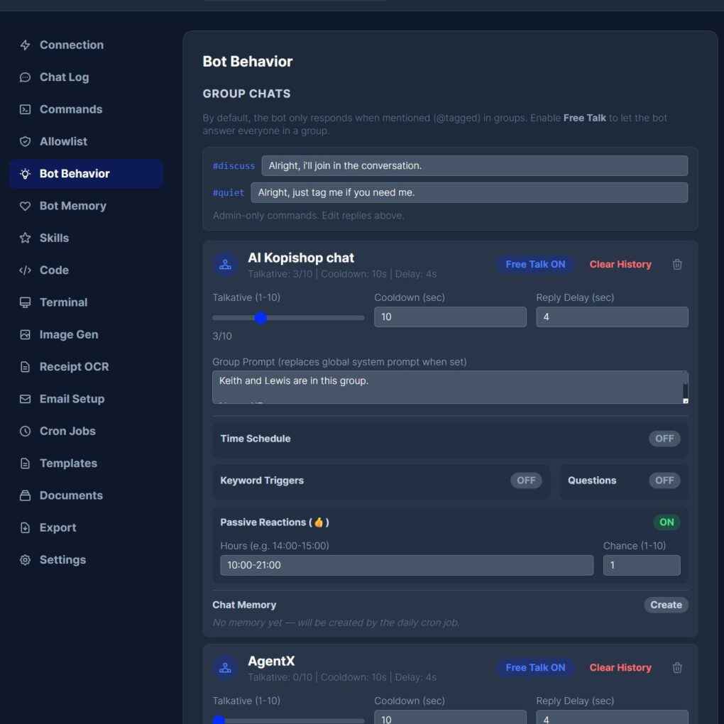 WhatsApp Assistant interface showing bot behavior settings for group chats